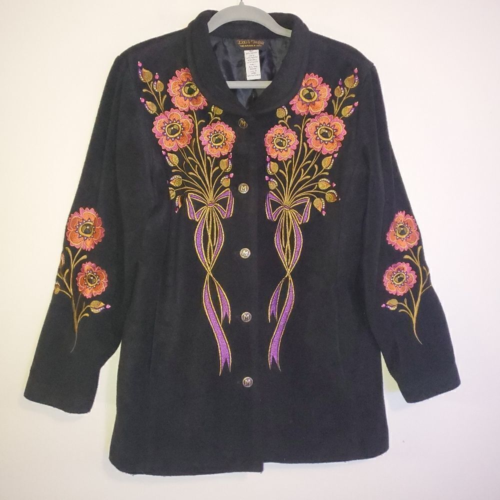 BOB MACKIE WEARABLD ART EMBROIDERED FLORAL BOHO JACKET SIZE MEDIUM ART DECO